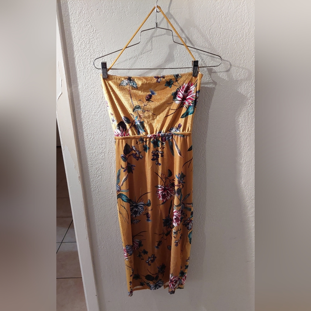 Boohoo Velvet Floral Dress in Mustard